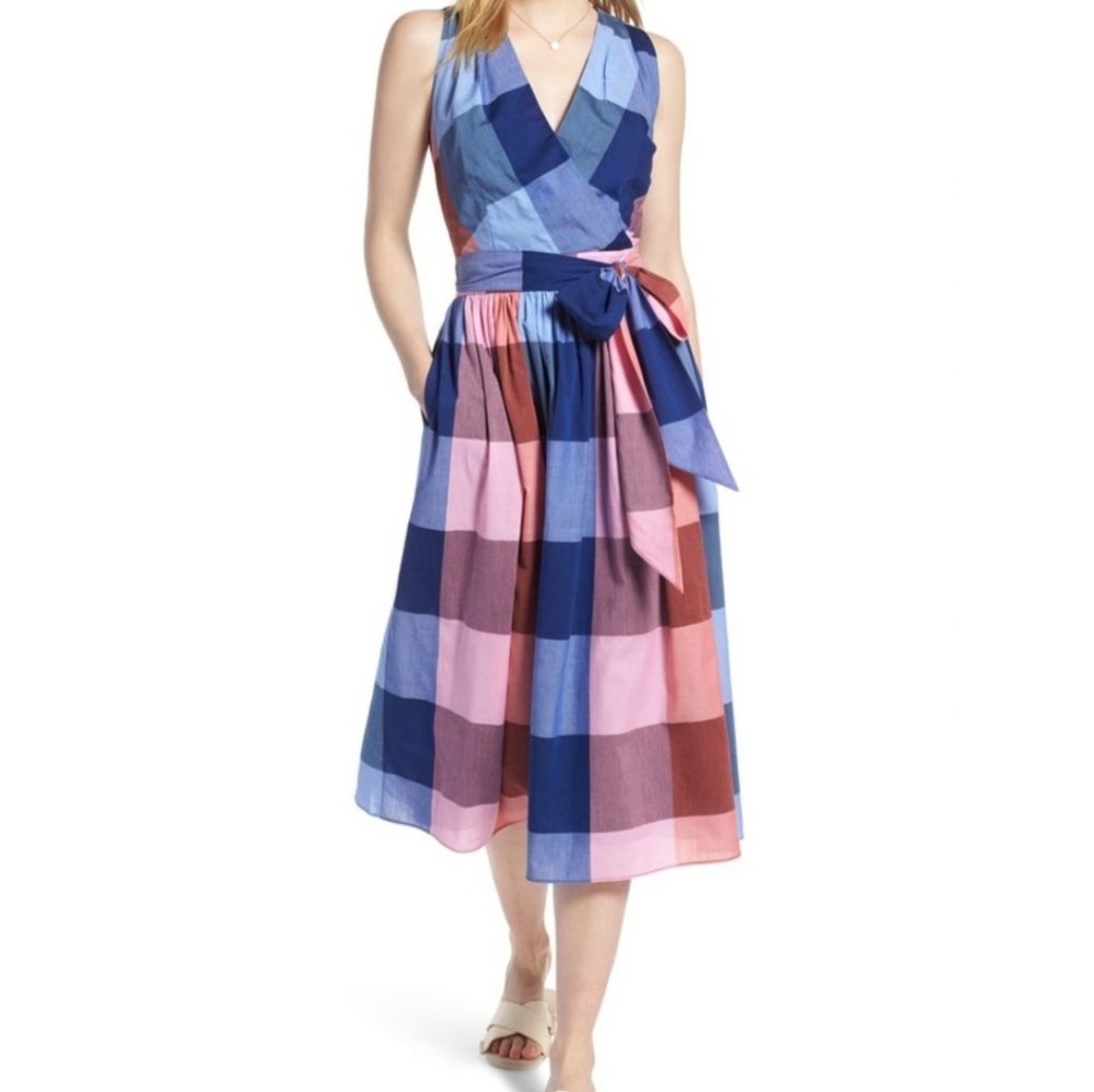 1901 Plaid Wrap Blanket Plaid Midi Dress Pink Blue Size 6 - Picture 4 of 16